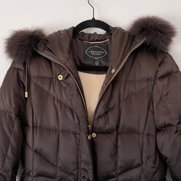 1 Madison Limited Collection Long Puffer Coat Fox Fur Trimmed Hood Brown Size S - Picture 8 of 8